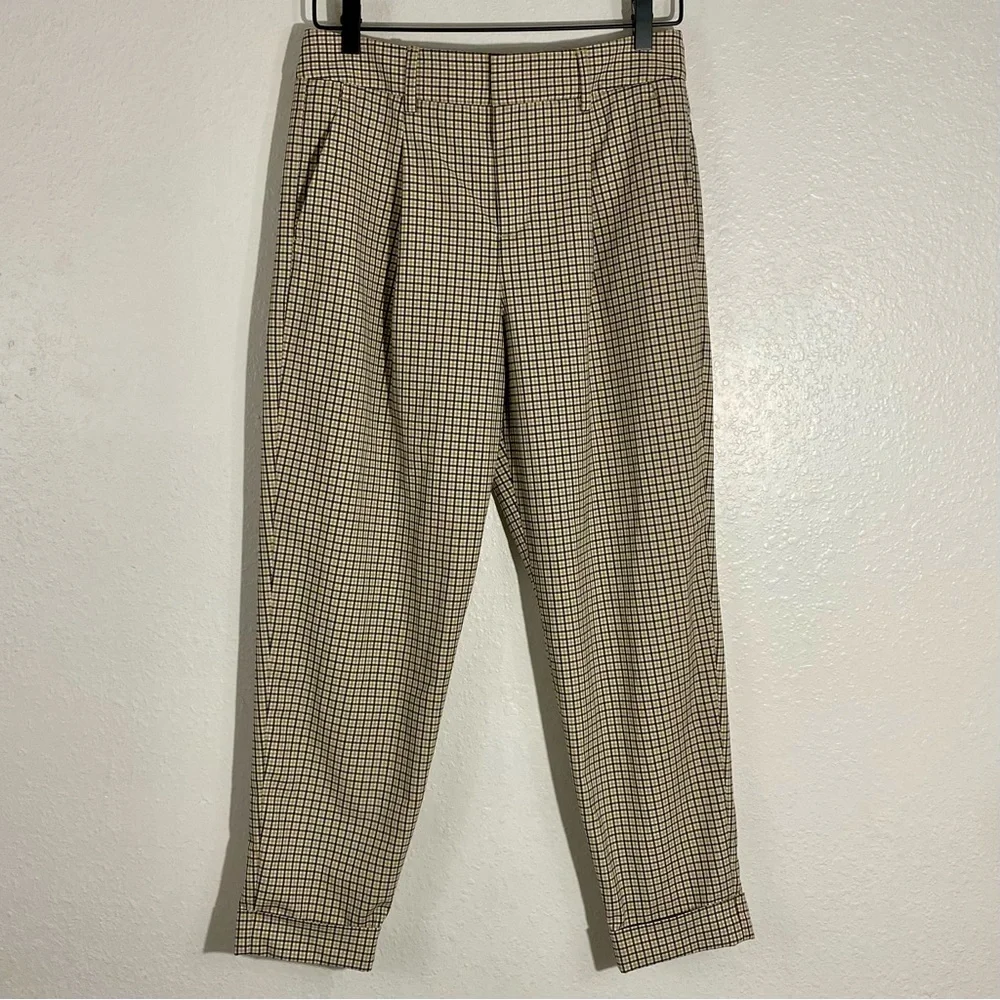 Banana Republic Plaid Cropped & Cuffed Trousers Women’s Size 4 White Black Tan